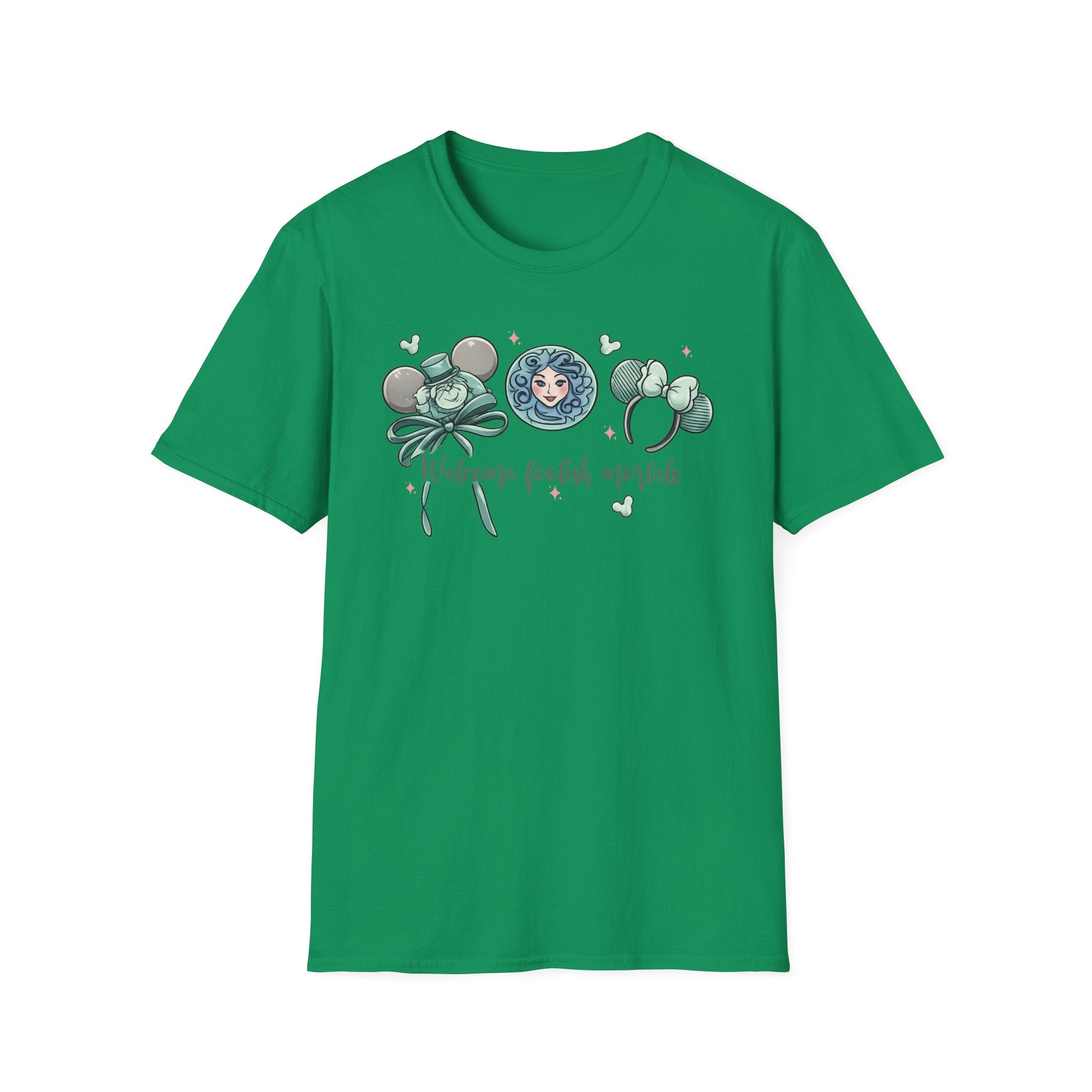 Welcome Foolish Mortals T‑Shirt — Cute Haunted Mansion Mouse Ear Design