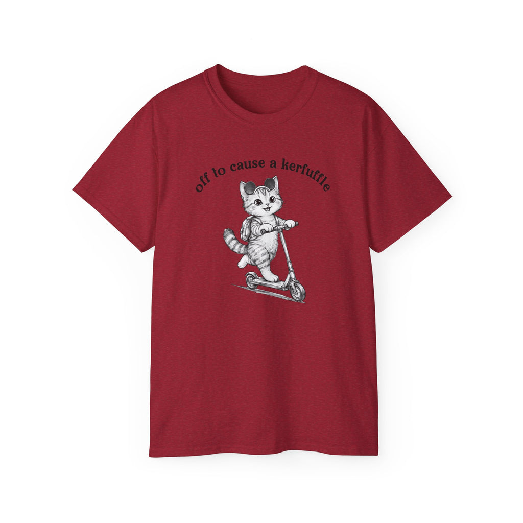 Cute Cat on Scooter T-Shirt — "Off to Cause a Kerfuffle" Sassy Graphic Tee