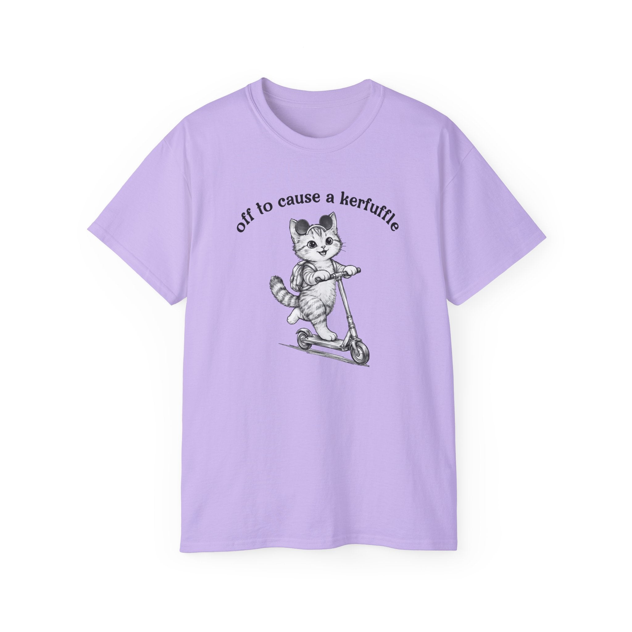 Cute Cat on Scooter T-Shirt — "Off to Cause a Kerfuffle" Sassy Graphic Tee
