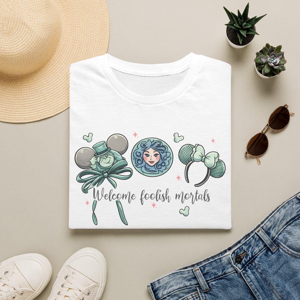 Welcome Foolish Mortals T‑Shirt — Cute Haunted Mansion Mouse Ear Design