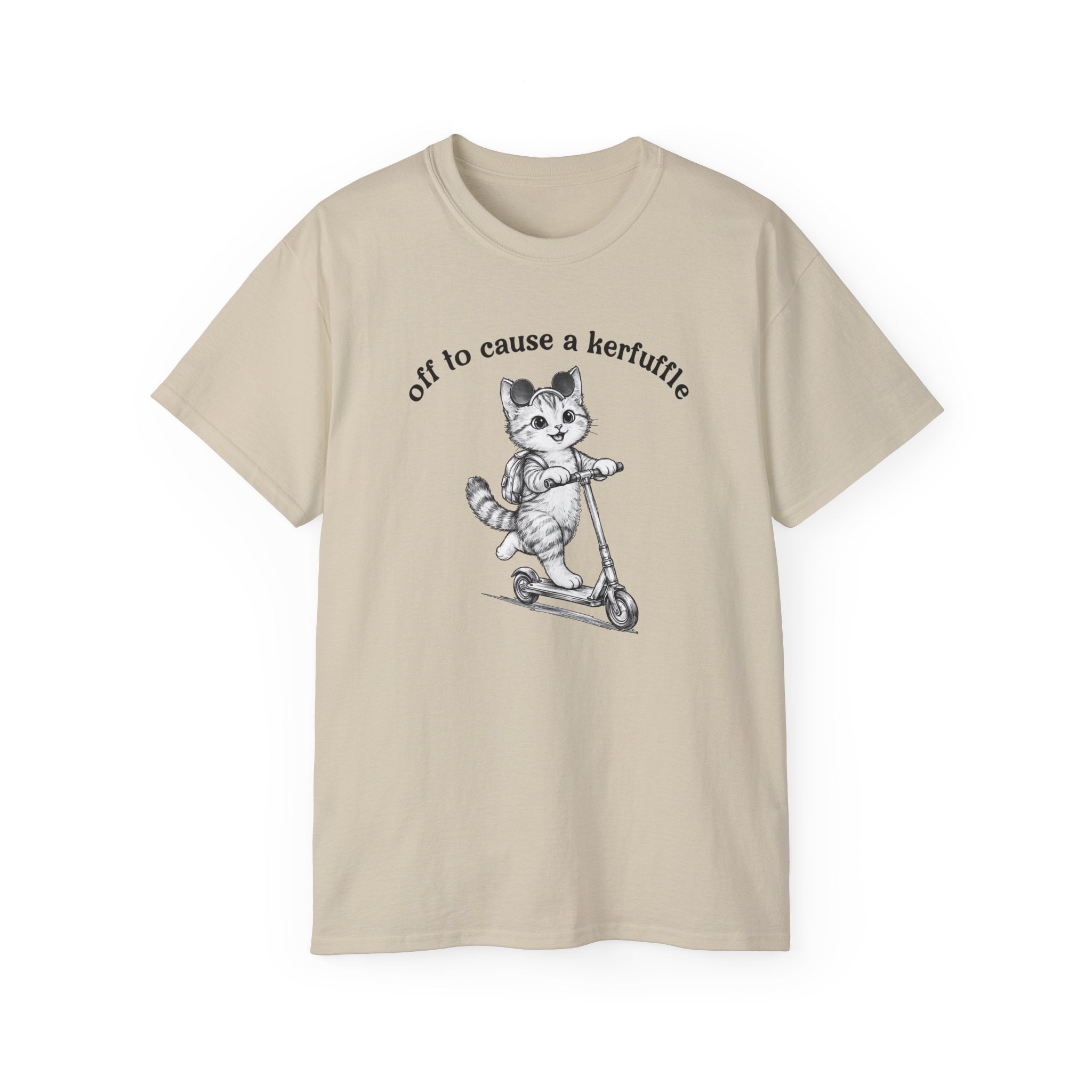 Cute Cat on Scooter T-Shirt — "Off to Cause a Kerfuffle" Sassy Graphic Tee
