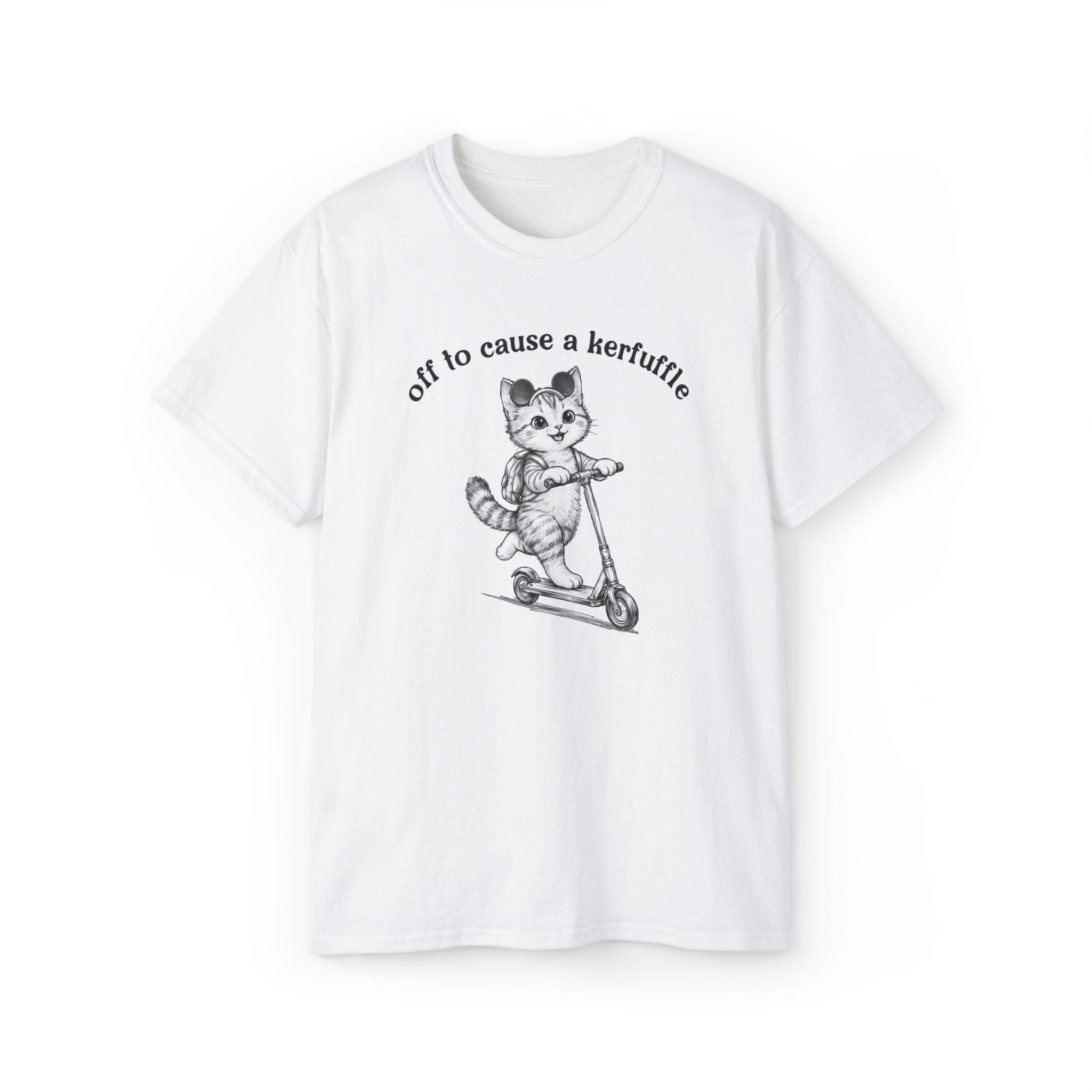 Cute Cat on Scooter T-Shirt — "Off to Cause a Kerfuffle" Sassy Graphic Tee