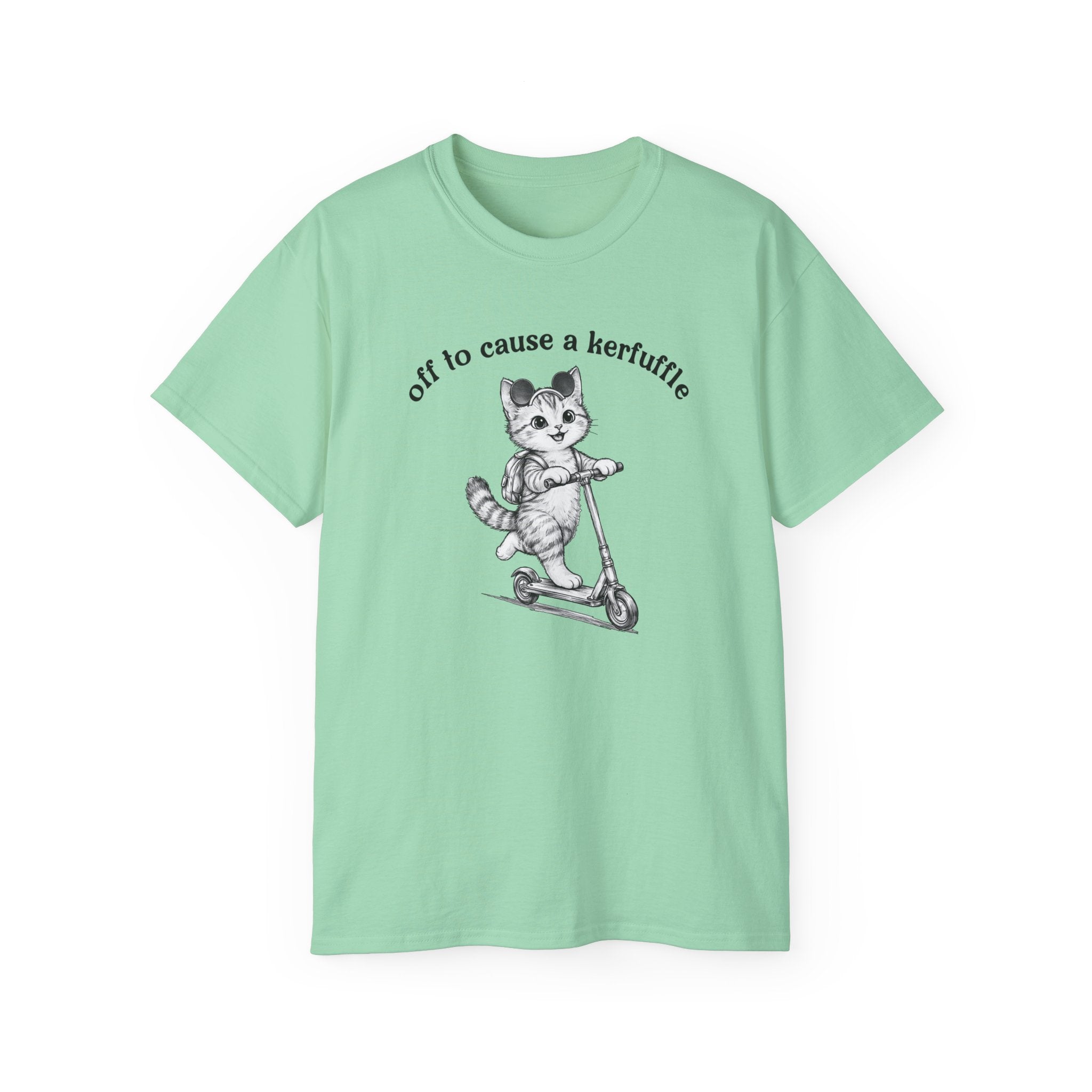 Cute Cat on Scooter T-Shirt — "Off to Cause a Kerfuffle" Sassy Graphic Tee