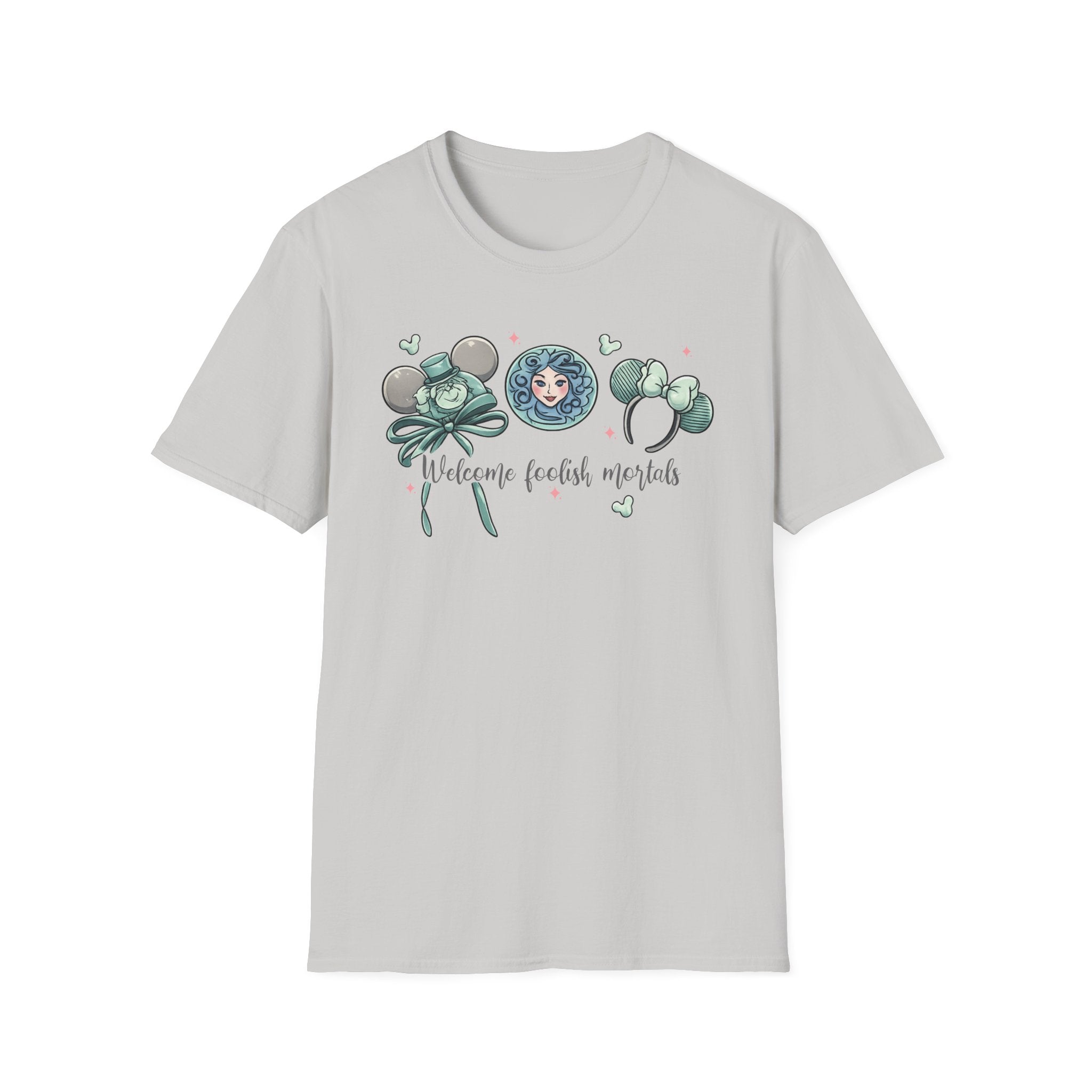 Welcome Foolish Mortals T‑Shirt — Cute Haunted Mansion Mouse Ear Design