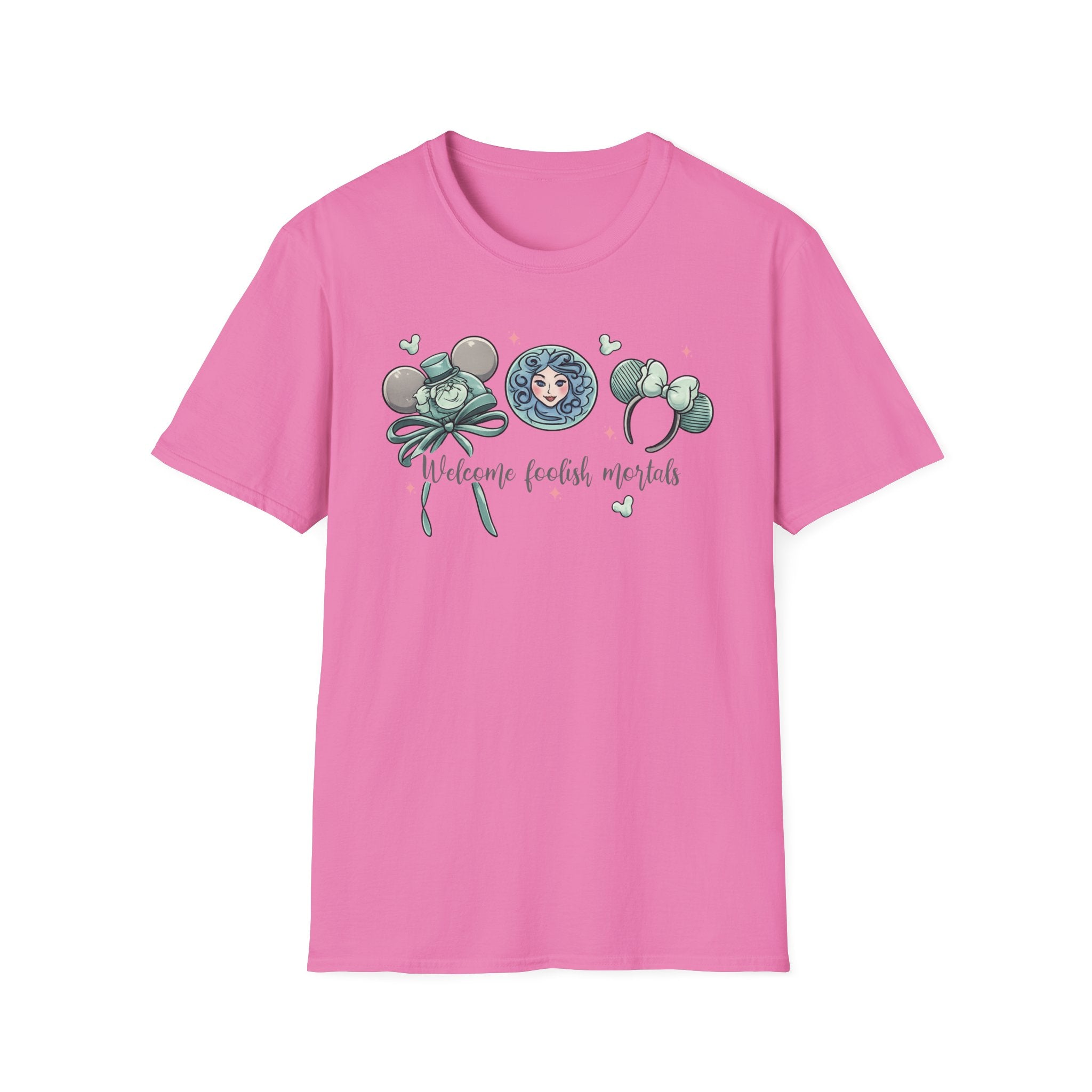 Welcome Foolish Mortals T‑Shirt — Cute Haunted Mansion Mouse Ear Design