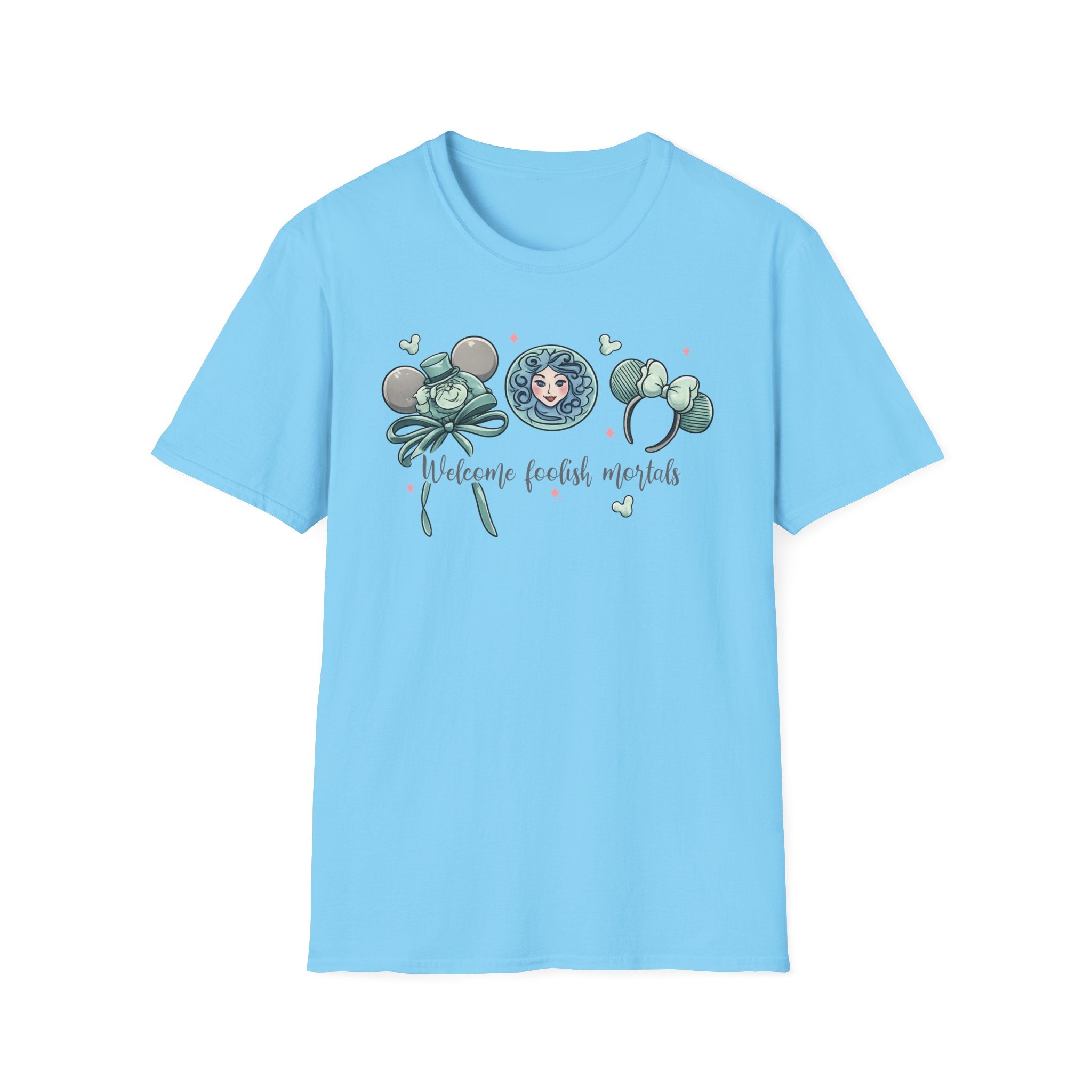 Welcome Foolish Mortals T‑Shirt — Cute Haunted Mansion Mouse Ear Design