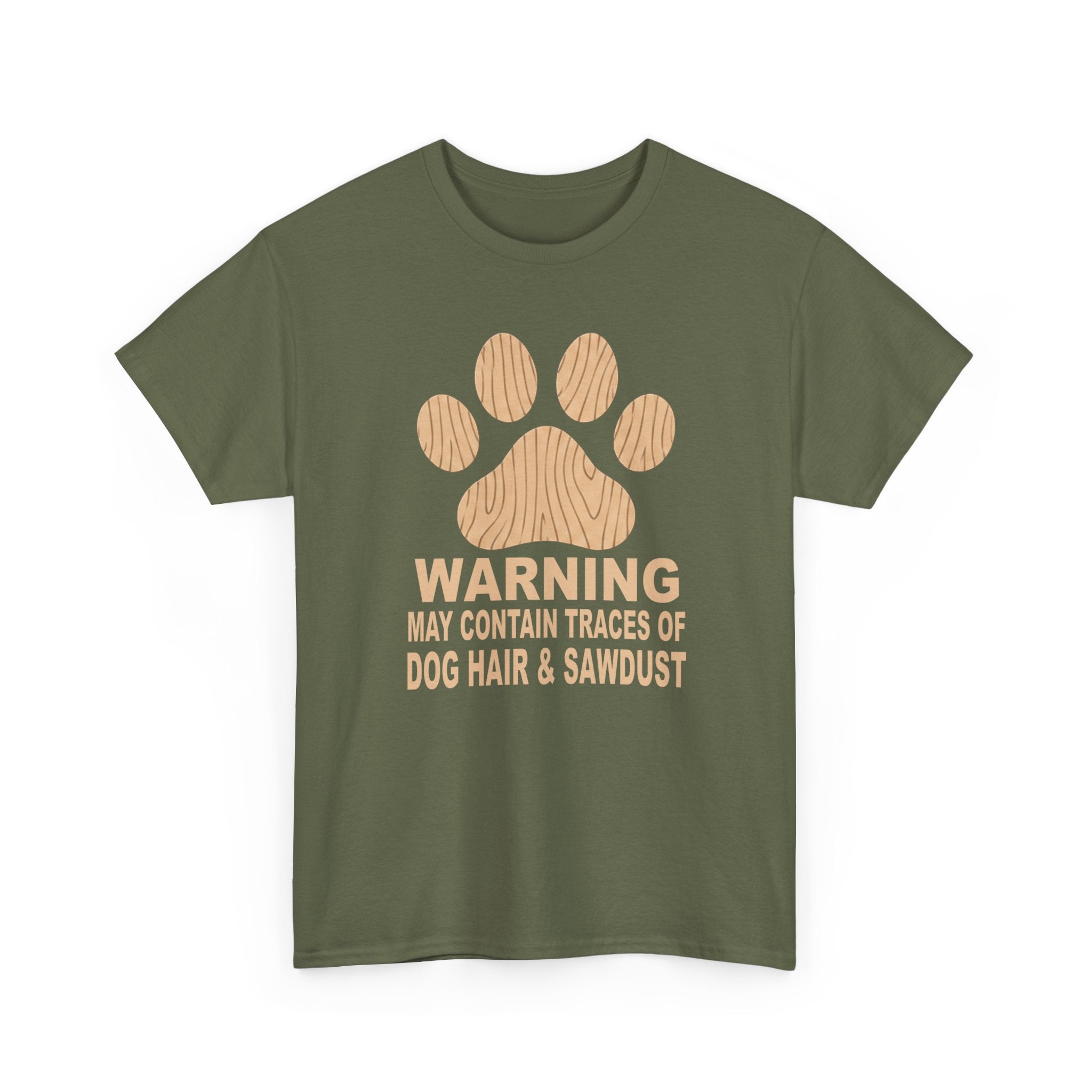 Dog Lover T‑Shirt — "Warning: May Contain Traces of Dog Hair & Sawdust" Paw Print Tee, Pet Lover