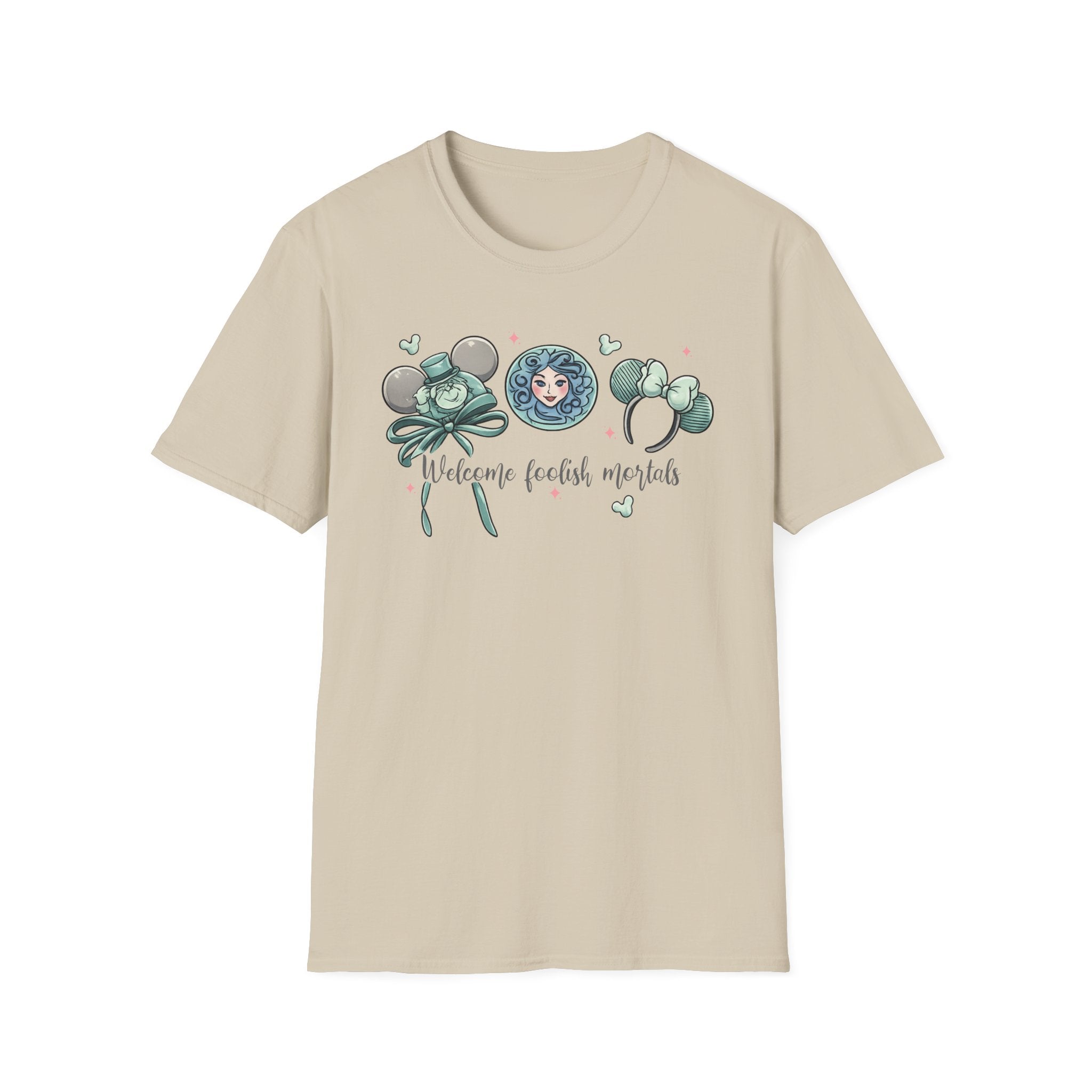 Welcome Foolish Mortals T‑Shirt — Cute Haunted Mansion Mouse Ear Design
