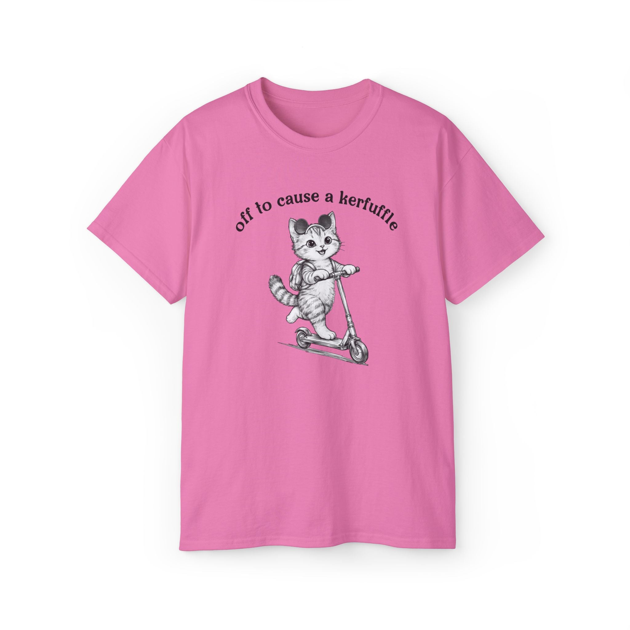 Cute Cat on Scooter T-Shirt — "Off to Cause a Kerfuffle" Sassy Graphic Tee