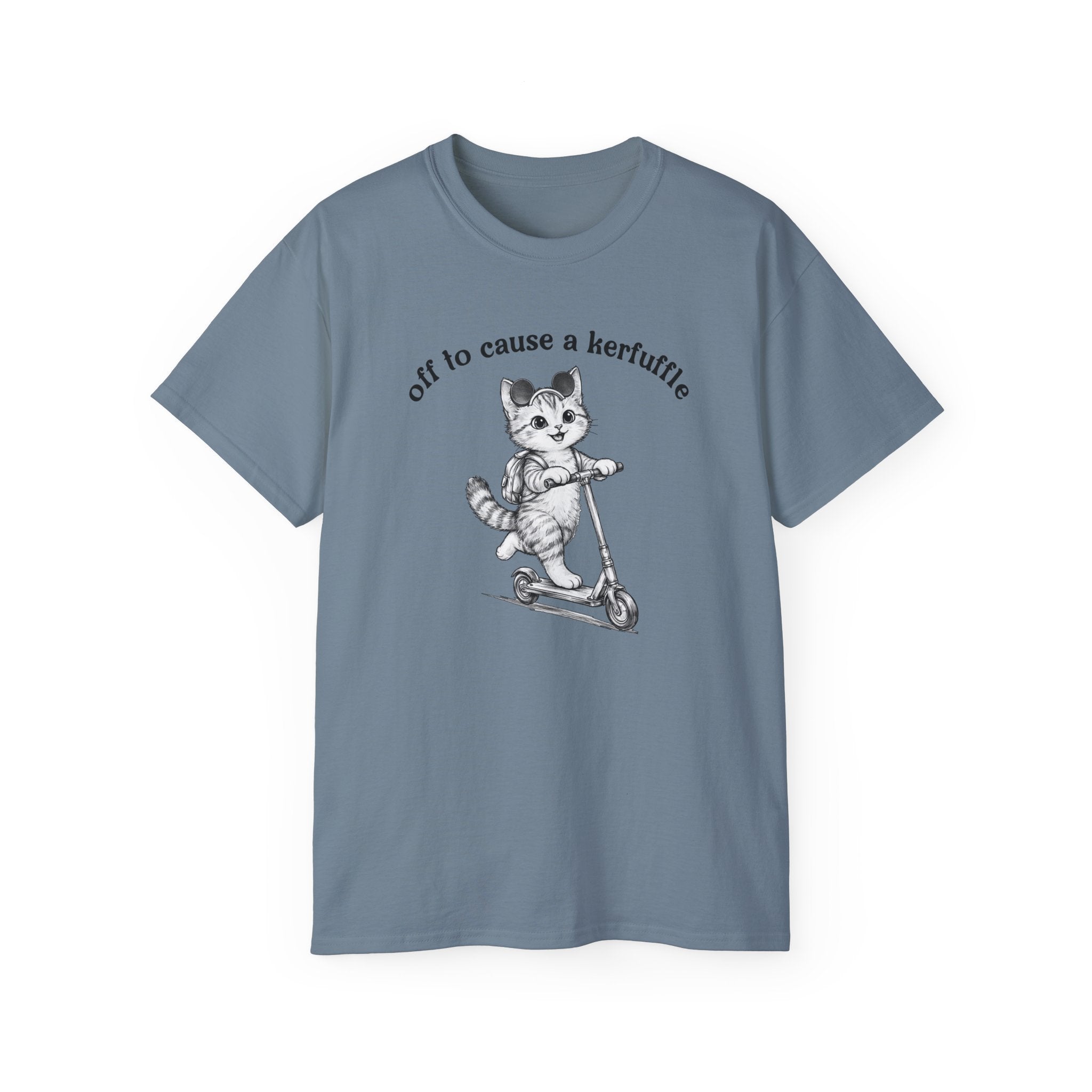 Cute Cat on Scooter T-Shirt — "Off to Cause a Kerfuffle" Sassy Graphic Tee