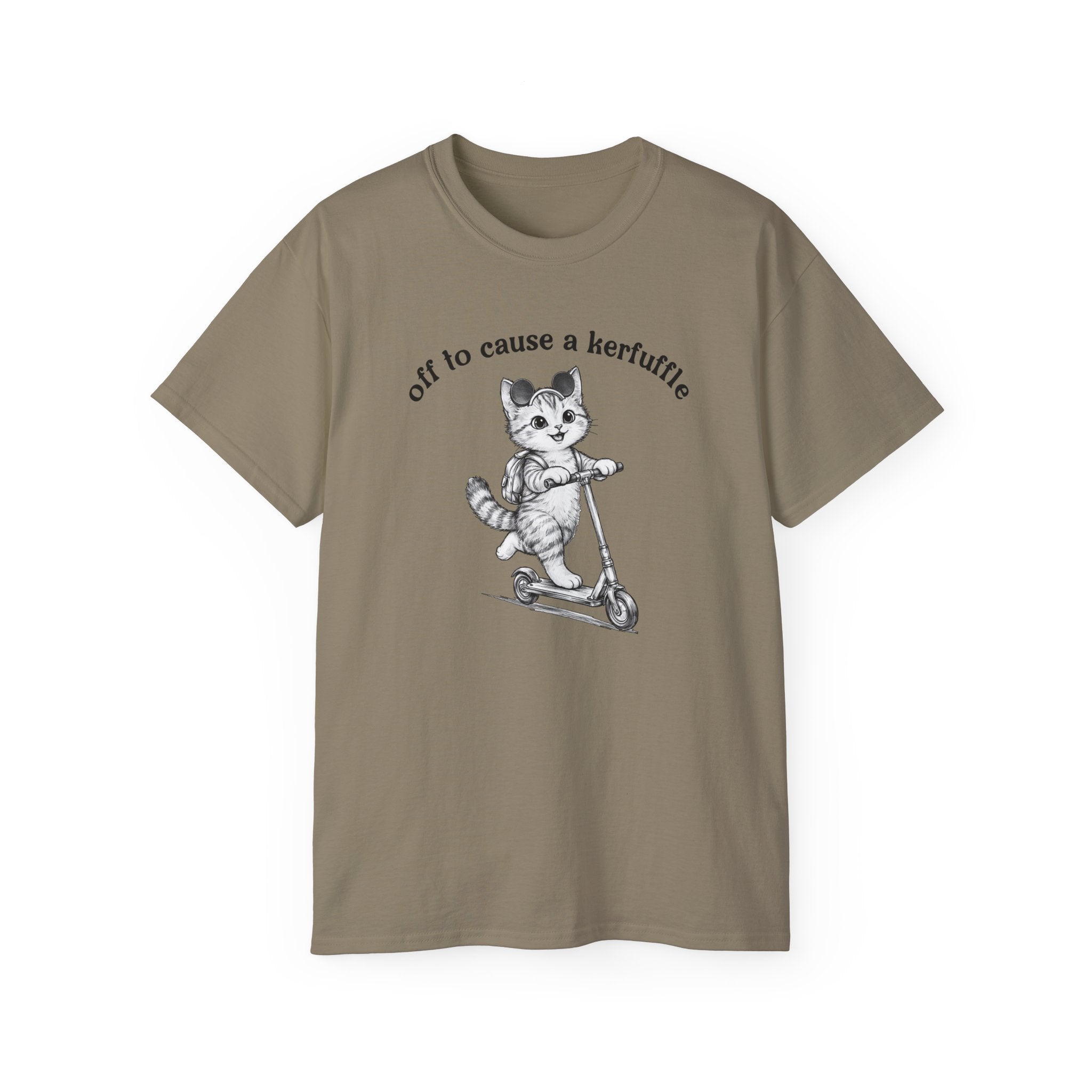 Cute Cat on Scooter T-Shirt — "Off to Cause a Kerfuffle" Sassy Graphic Tee