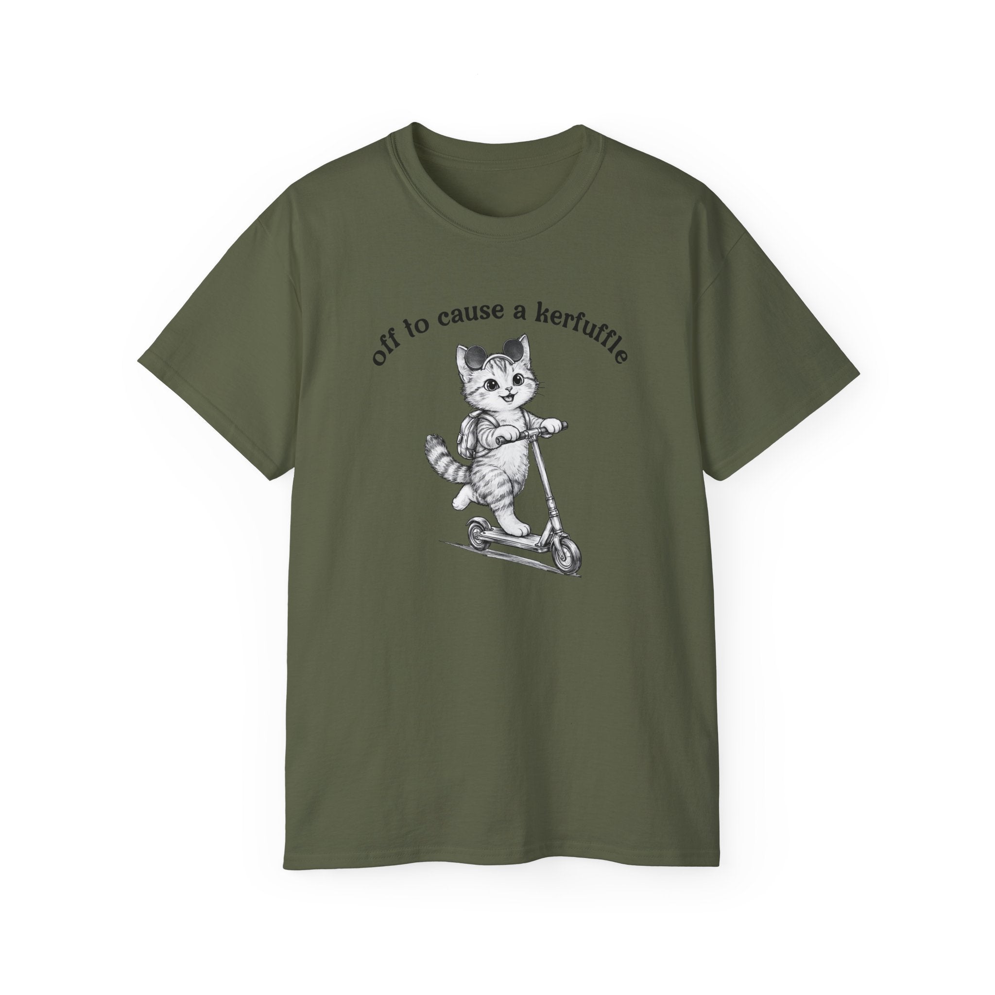 Cute Cat on Scooter T-Shirt — "Off to Cause a Kerfuffle" Sassy Graphic Tee