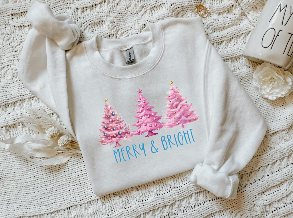 Merry & Bright Sweatshirt, Cozy Holiday Wear, Christmas Gift, Unisex Sweatshirt, Warm Winter Apparel, Festive Fashion, Pretty in Pink