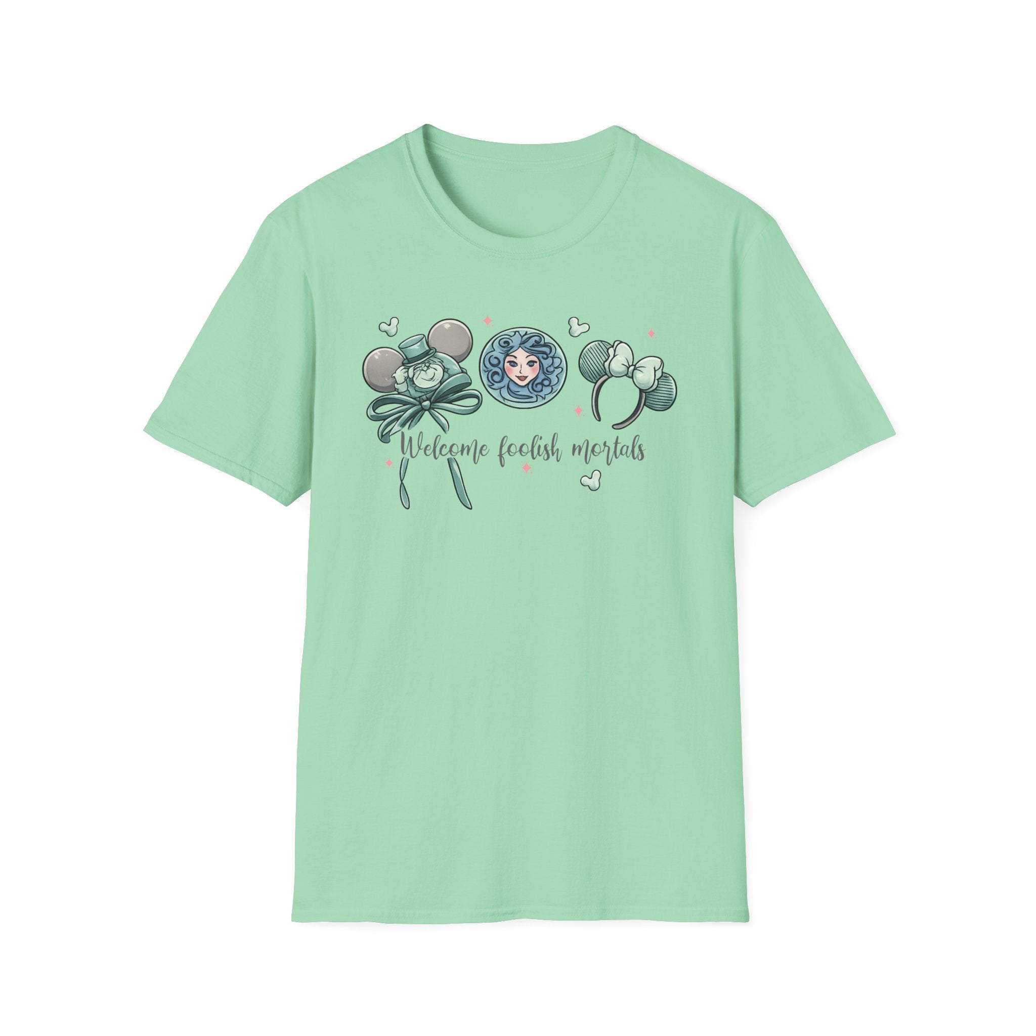 Welcome Foolish Mortals T‑Shirt — Cute Haunted Mansion Mouse Ear Design