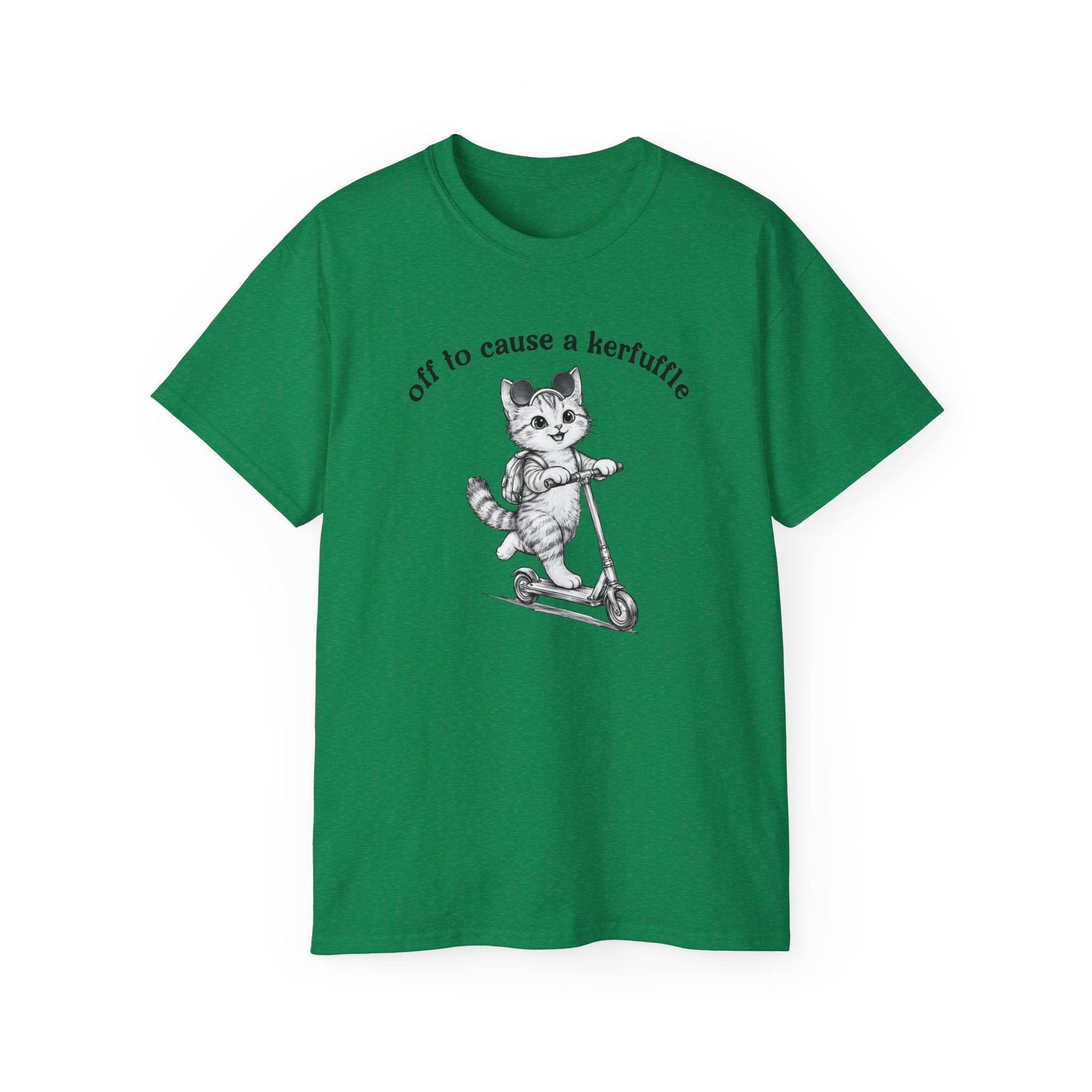 Cute Cat on Scooter T-Shirt — "Off to Cause a Kerfuffle" Sassy Graphic Tee