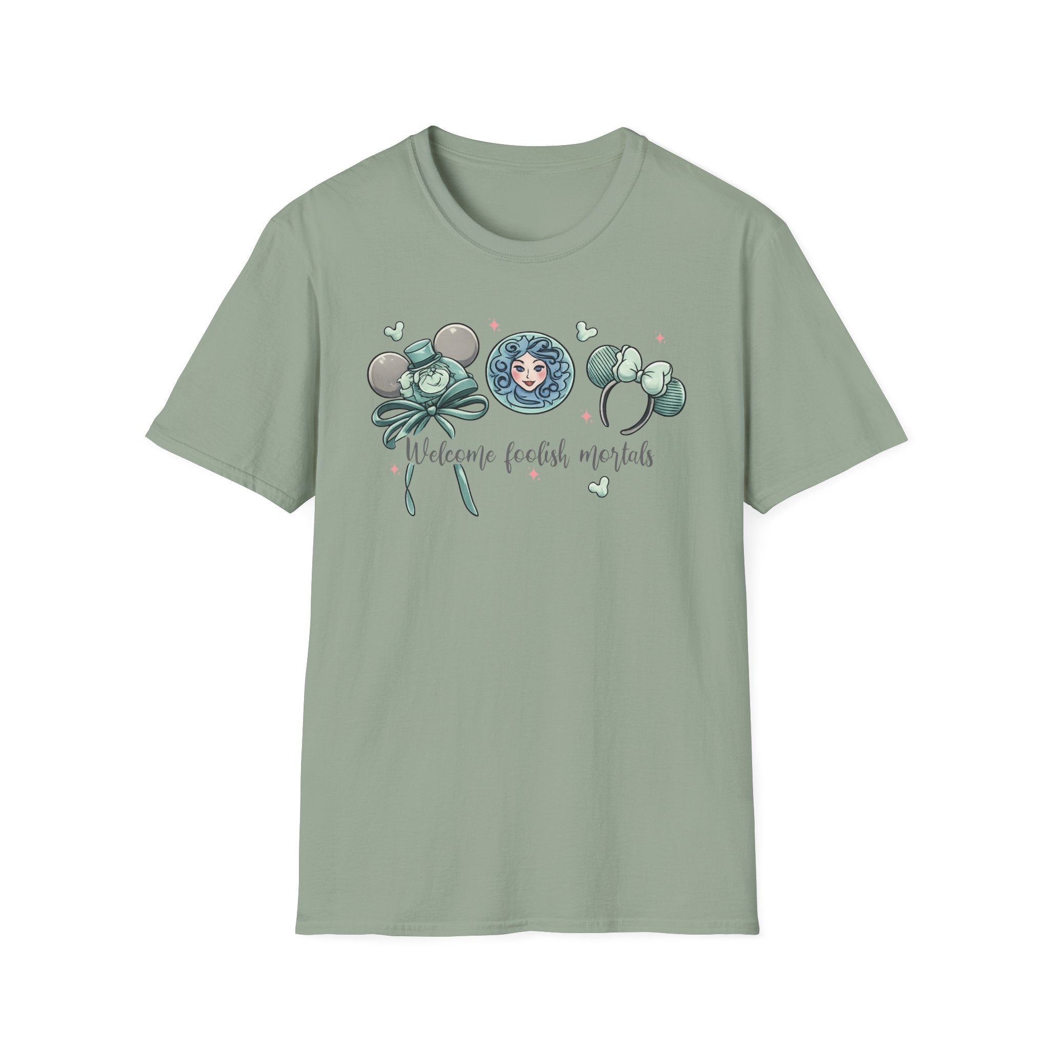 Welcome Foolish Mortals T‑Shirt — Cute Haunted Mansion Mouse Ear Design