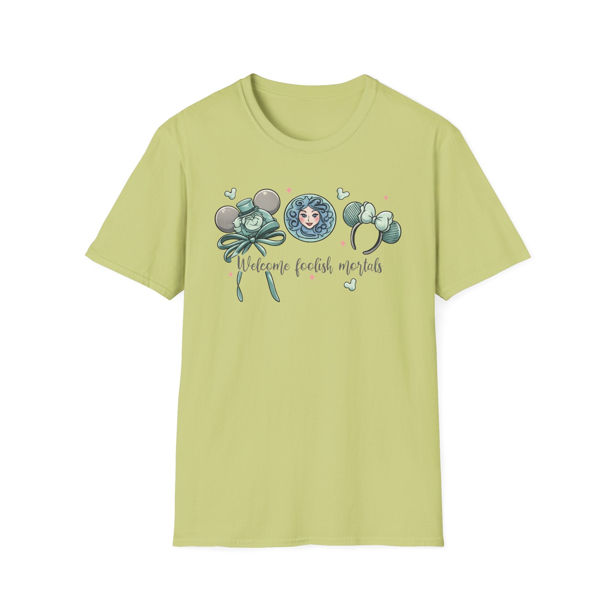 Welcome Foolish Mortals T‑Shirt — Cute Haunted Mansion Mouse Ear Design