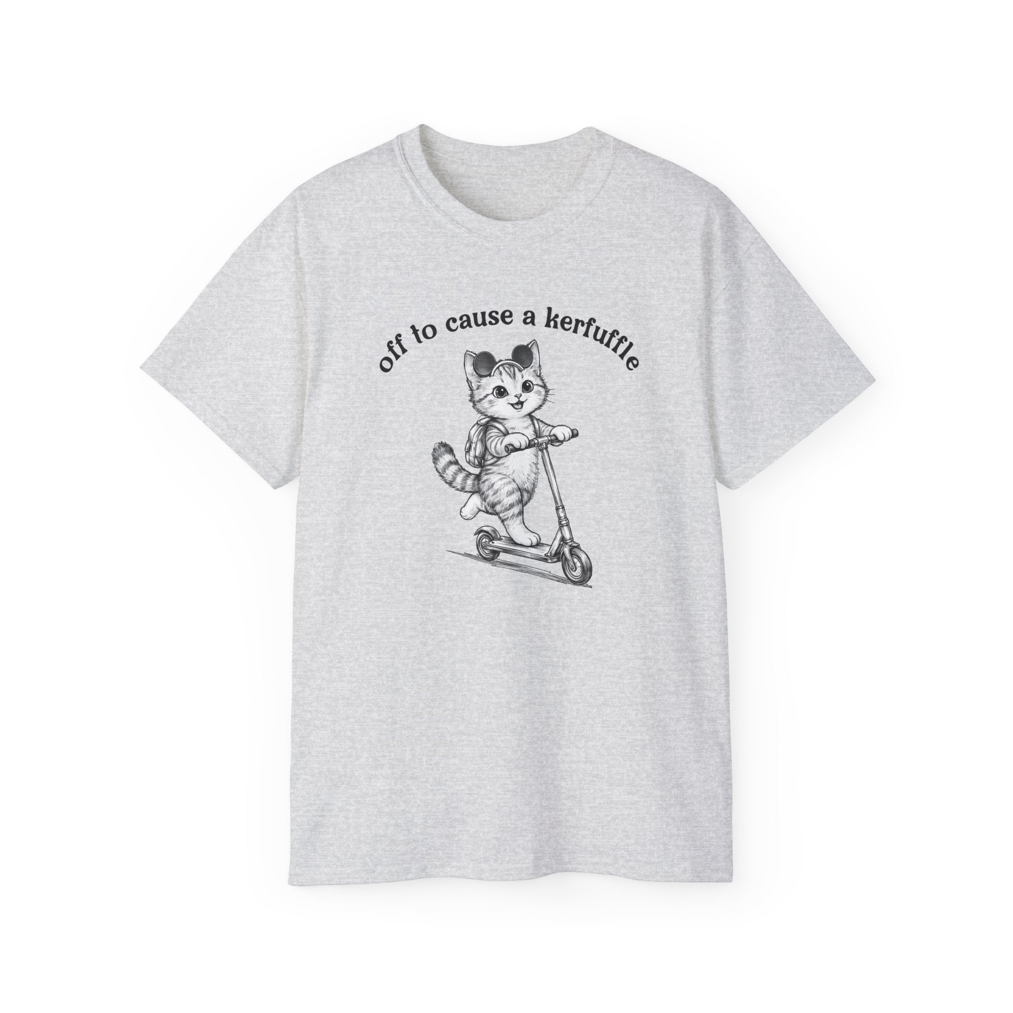 Cute Cat on Scooter T-Shirt — "Off to Cause a Kerfuffle" Sassy Graphic Tee