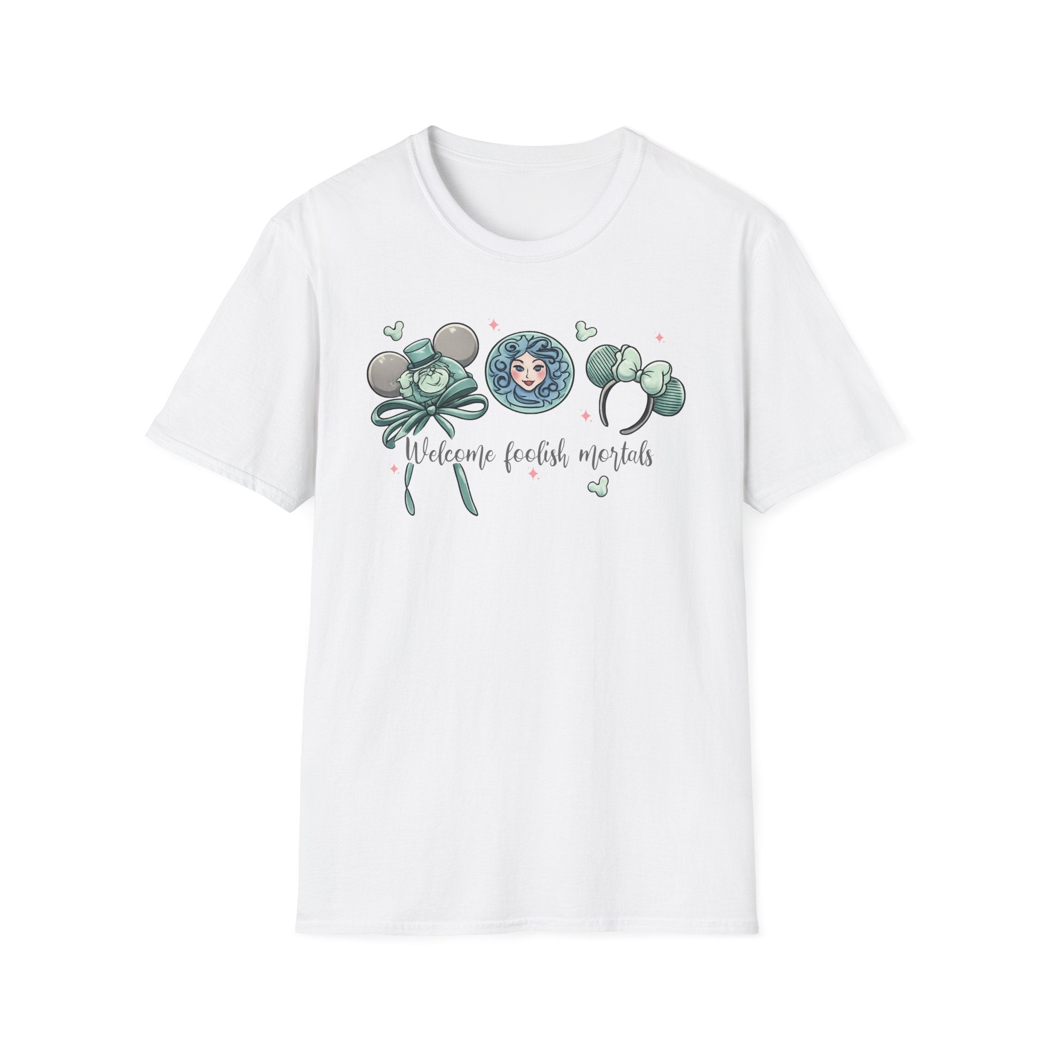 Welcome Foolish Mortals T‑Shirt — Cute Haunted Mansion Mouse Ear Design